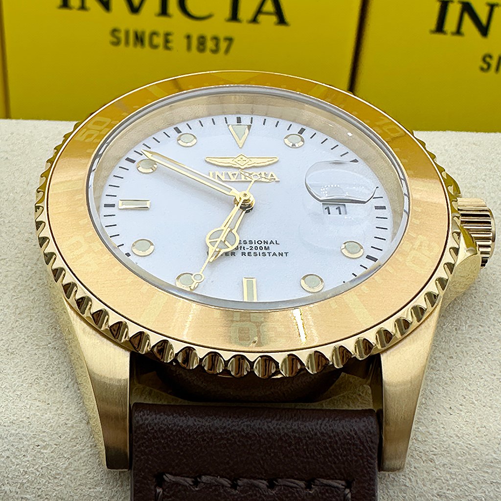 New Invicta Pro Diver White Luminous Dial Gold Bezel Leather Strap Watch